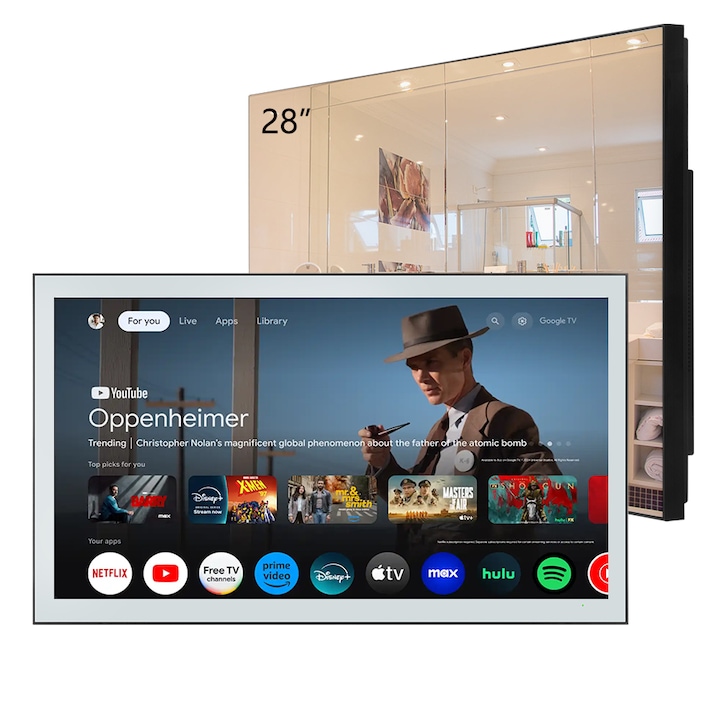 Soulaca Oglinda inteligenta de 28 inch TV 4K UHD IPX6 rezistenta la apa pentru baie Sistem Google Android WiFi Bluetooth Comanda vocala ATSC DTV Televizor Model nou
