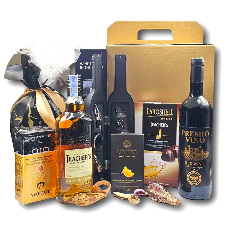 Pachet cadou special, CADOURI PREMIUM ®, model Teacher’s Premio, cu doua bauturi renumite, cafea italiana, specialitati dulci, accesorii sofisticate si o prezenta ce pune accent pe masculinitate