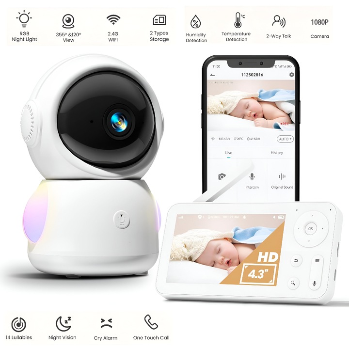 Bébiőr Wi-Fi, Audio-Video Bébi Felügyeleti Kamera, 355°-os kamera, 4.3″ HD, éjjellátó, RGB éjjeli lámpa, hőmérséklet- és páratartalom-érzékelő, kétirányú kommunikáció, szoptatási, mozgás- és sírásriasztás, altatódalok, vox mód, Cloudedge alkalmazás, fehér
