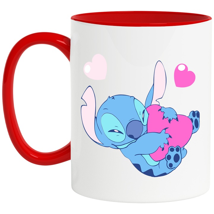Cana Cu Stitch – Bátor Mosoly a Víz Alatti Szigeten – Barátság, Érzelem és Szórakozás, Kerámia, 330ML, Piros Fogantyúval és Belsővel
