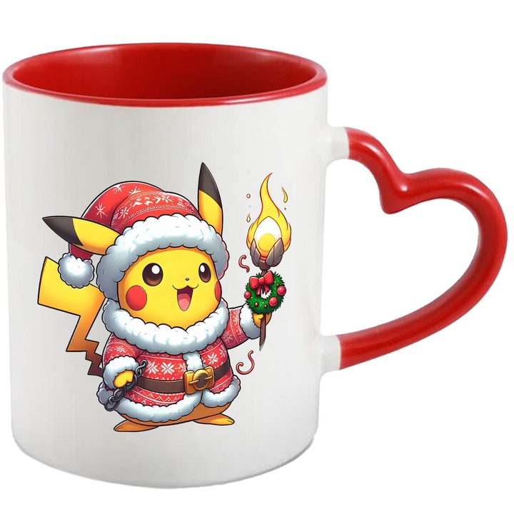 Cana Cu Pokemon Pikachu – Stele Dansatoare Sub Cer Vesel – Aventura, Copii si Distractie, Ceramica, 330ML, Cu Maner Inima Rosie si Interior Rosu