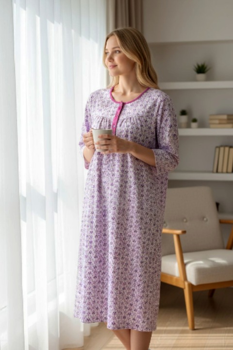 StarFashion steppelt hálóing, hosszú ujjú, gombokkal a nyakán, Mályvaszín