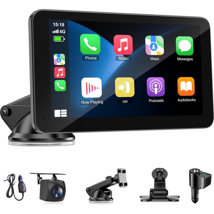 Преносим Автомобилен Екран 7" HD TechEeee, Bluetooth 5.0, CarPlay & Android Auto, Многоцветен