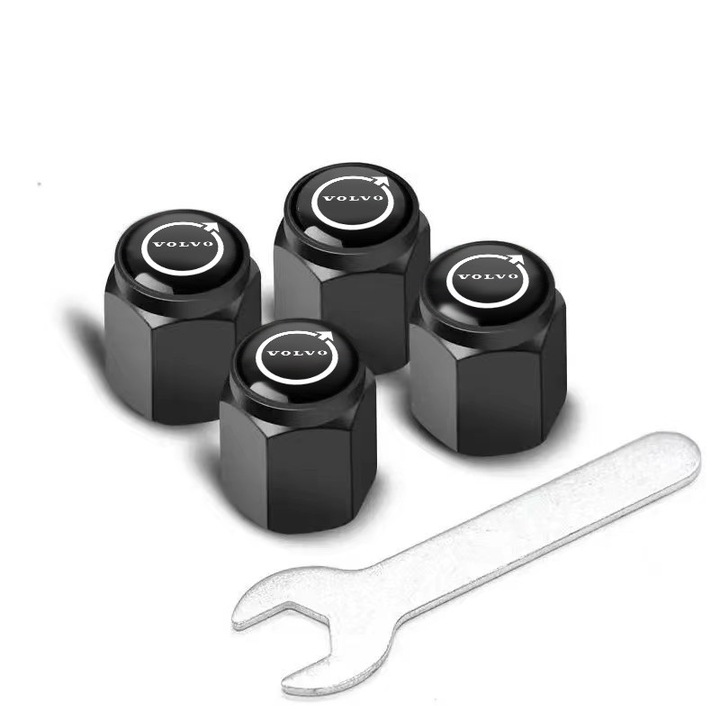 Set 4 Capace ventil Volvo - Aluminiu - Negru - 1, 1×1, 2 cm - pentru XC60, XC90, XC40, C40, S60, S90, V60, V90 - Compatibil Schrader - cu cheie de montare