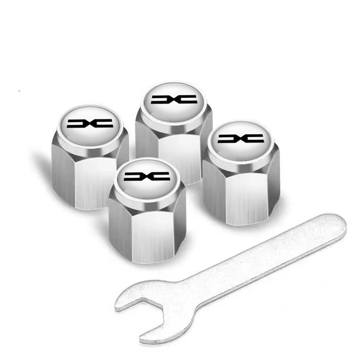 Set 4 Capace ventil Dacia - Aluminiu - Argintiu - 1, 1×1, 2 cm - pentru Logan, Duster, Sandero, Dokker, Lodgy, Spring - Compatibil Schrader - cu cheie de montare