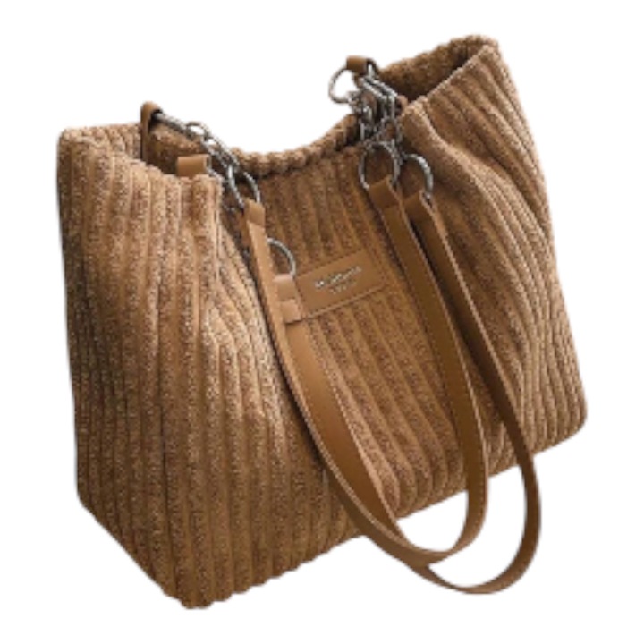 Geantă tote bej din velur, bretea fixă, dimensiuni 32x12x26cm