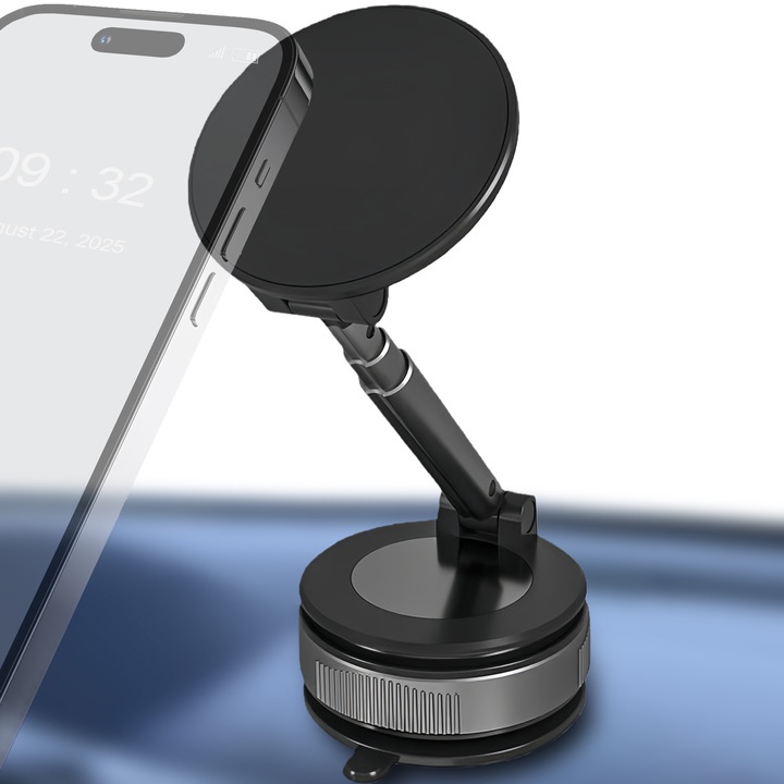 Универсална стойка за кола за мобилен телефон, въртяща се вендуза, монтаж на предното стъкло или таблото, силно магнитно привличане и оборудвана с 2 лепенки, регулируема дължина, HouDeOS®, черна