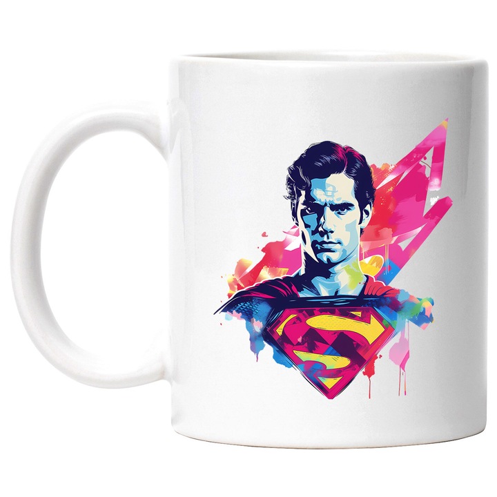 Cana Cu Superman Zbor Printre Stele Aparatorul Lumii Curaj si Determinare, Ceramica, 330ML, Cu Maner si Interior Alb