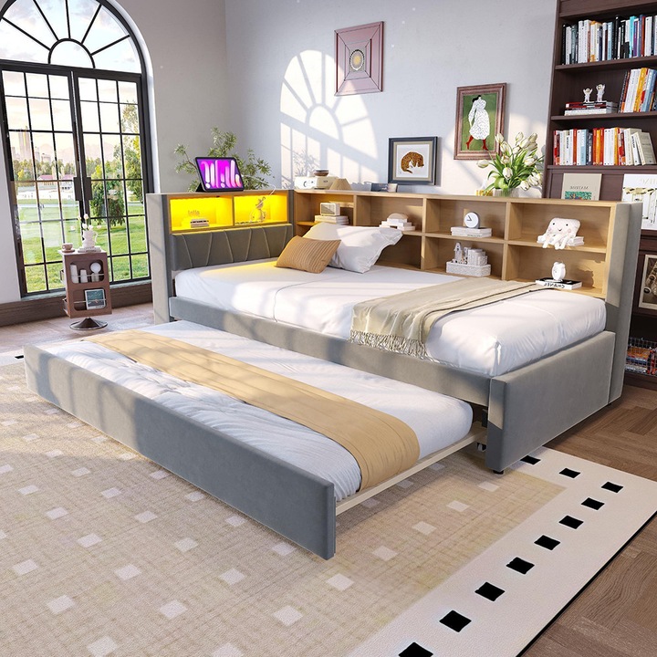 Canapea extensibila 90x200 cu lumini LED si prize electrice, flanela gri deschis