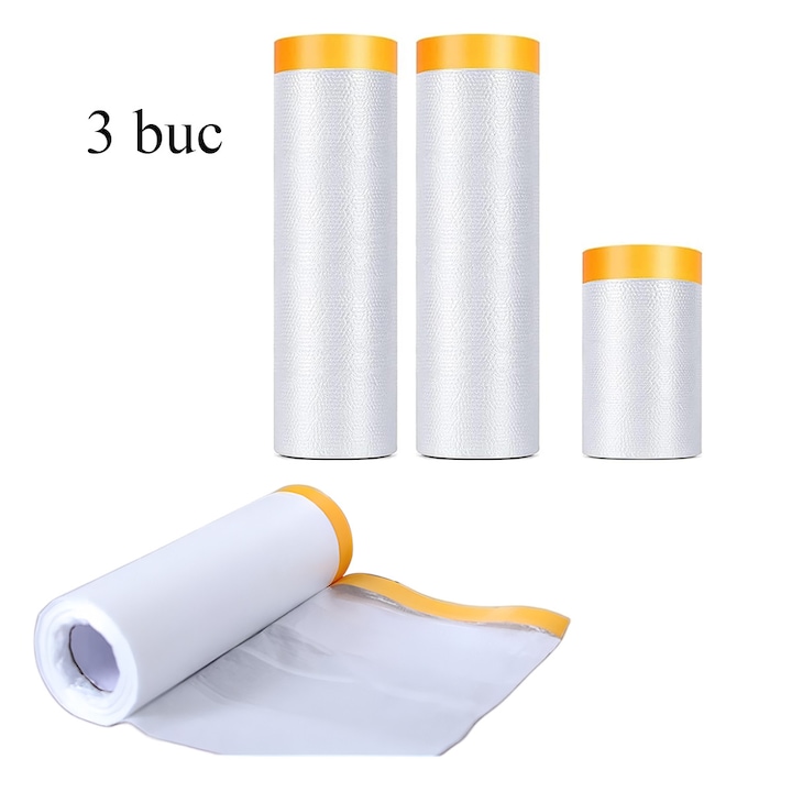 Folie protectie mobilier, Omelivon, set 3, 2 roluri 1.5m x 20m + 1 rol 55cm x 20m, elastica, autoadeziva