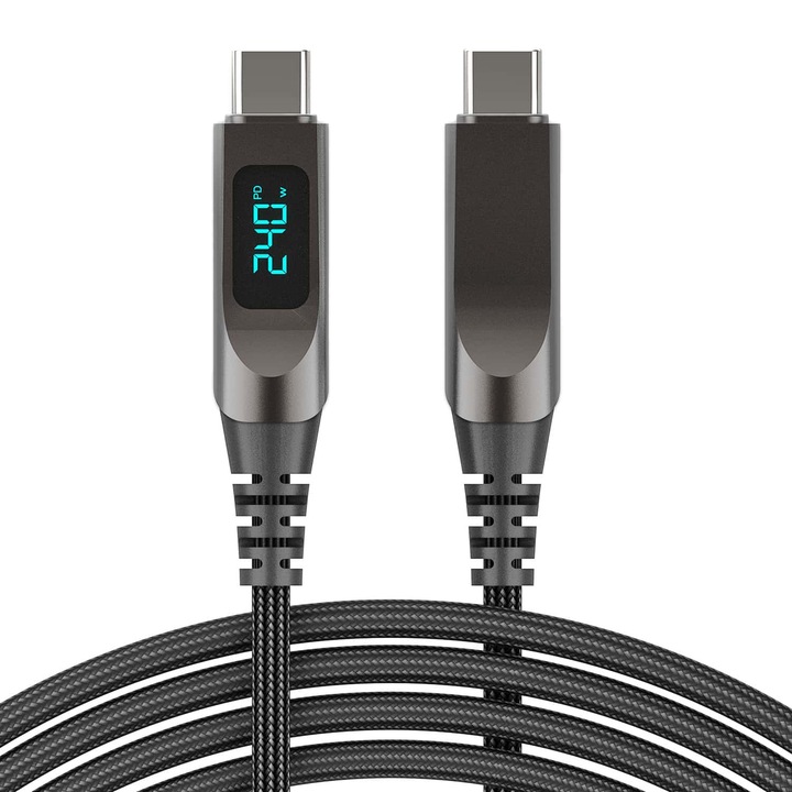 Cablu de Date Sugxia® USB-C la USB-C, 240W 5A, Incarcare Rapida PD3.1, Afisaj LED, Nylon Impletit, Compatibil cu Laptopuri, iPhone 15/16, Samsung, Huawei, Xiaomi, OPPO, 1m