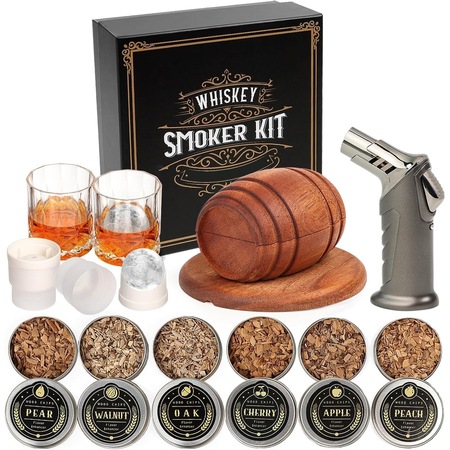 Set cadou afumare bauturi whiskey/cocktail excitat@, 6 arome de aschii de lemn, 2 pahare