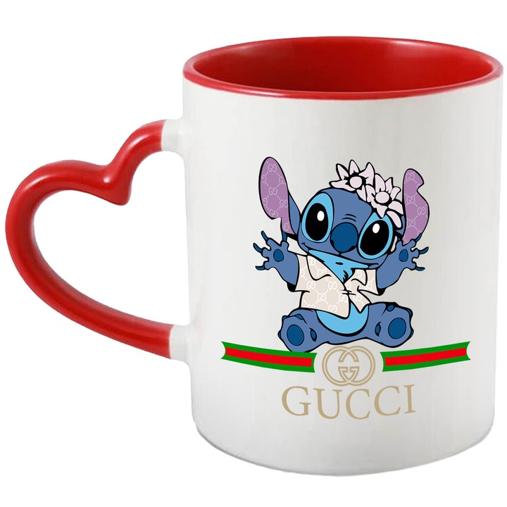 Cana Cu Stitch – Fluturi Veseli Pixel Curajosi Vesel – Aventura, Copii si Distractie, Ceramica, 330ML, Cu Maner Inima Rosie si Interior Rosu