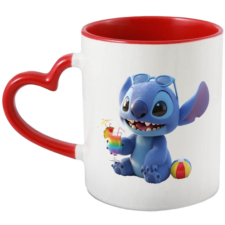 Cana Cu Stitch – Zambetul Aventurii Curajoase Pixel – Aventura, Copii si Distractie, Ceramica, 330ML, Cu Maner Inima Rosie si Interior Rosu