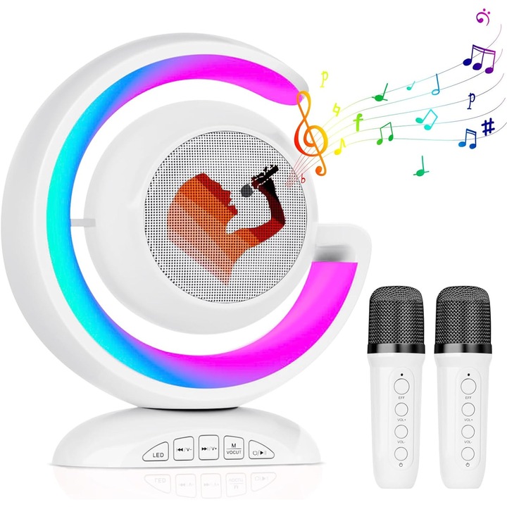 Karaoke szett 2 vezeték nélküli mikrofonnal, hordozható Bluetooth hangszóró RGB világítással, 90x90x70mm