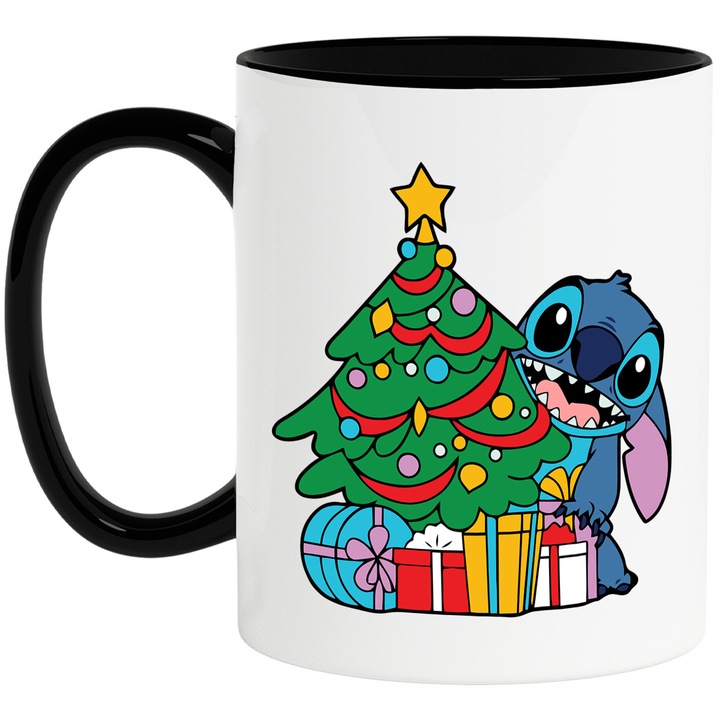 Cana cu model Stitch de Craciun, Ceramica, Negru, 330ML