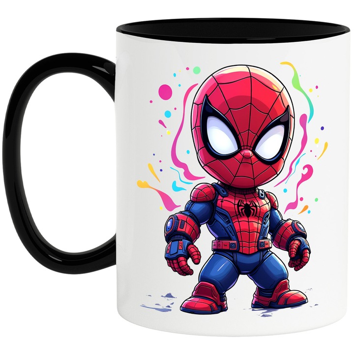 Cana Cu Spiderman Aventuri si Prietenie Curaj Viteza si Joaca In Oras, Ceramica, 330ML, Cu Maner si Interior Negru