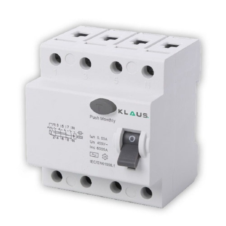 Áramvédő kapcsoló (RCCB) 6kA 3P+N 63A 30mA AC, Klaus KE41463 (45)