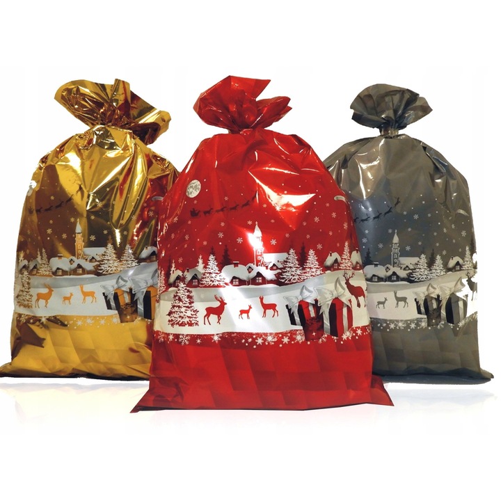 Set Pungi Din Folie Pentru Cadouri Mix, Neoplat, Folie Pp Zgomotoasa Si Rigida, Imitand Celofanul, Fara Inchidere, Deschidere Pe Latura Mai Scurta, Mix De Modele Ambalate Aleator, 32 x 54 cm, Multicolor, 5 Buc