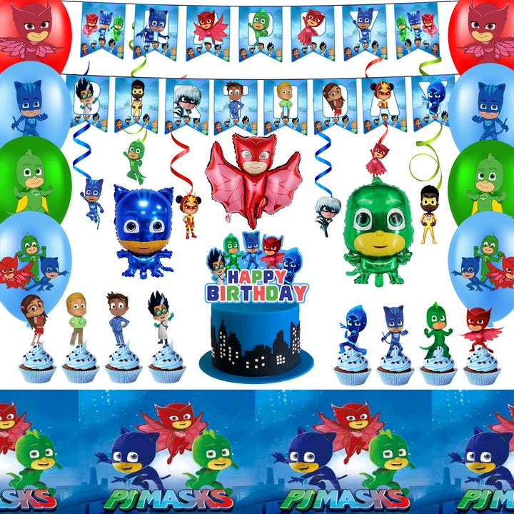 36pcs Set Accesorii Petrecere PJ Masks, InBoxxarty, Decoratiuni Petrecere PJ Masks - Decorarea Tort, Banner, Balon, Fata de Masa etc Decoratiuni Aniversare PJ Masks