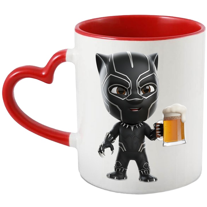 Cana Cu Pantera Neagra – Sarituri Curajoase In Nopti Albastre – Prietenie, Emotie si Distractie, Ceramica, 330ML, Cu Maner Inima Rosie si Interior Rosu