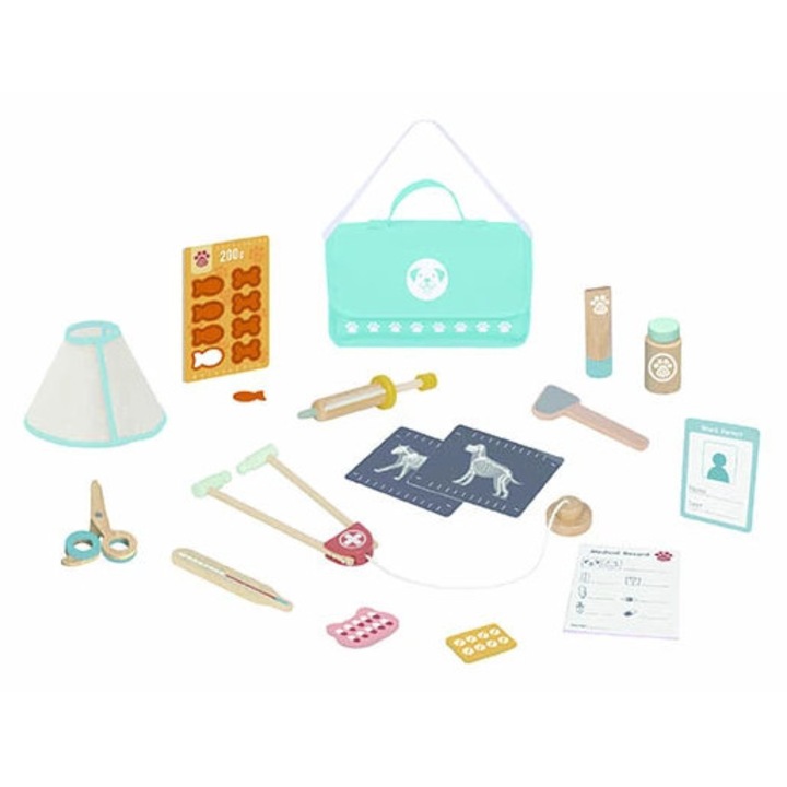 Set medicina veterinară din lemn, Mamido, include stetoscop, termometru, multicolor, 25x20x8cm