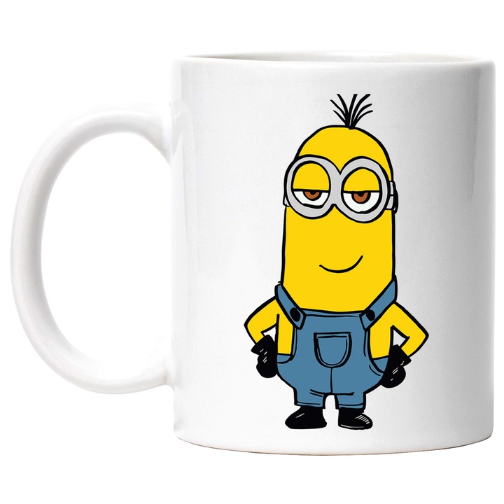 Cana Cu Minion Joaca Cu Fluturi, Aventura si Bucurie Inalta, Prieteni si Rasete, Ceramica, 330ML, Cu Maner si Interior Alb