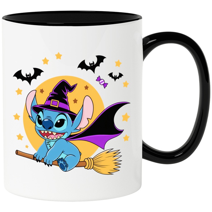 Cana Cu Stitch Halloween Mistere si Distractie Joaca si Aventura Plina, Ceramica, 330ML, Cu Maner si Interior Negru