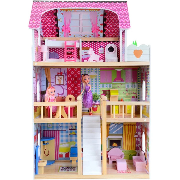 Дървена къщичка за кукли, 3 етажа, 17 различни мебели, 2 кукли, 5 стаи, 90 см