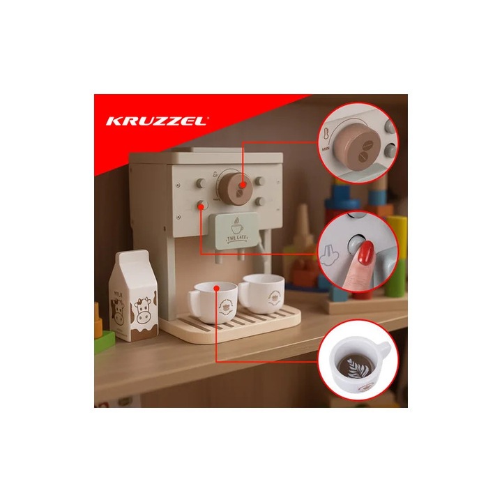 Aparat de cafea de jucarie, 2 cani, cutie lapte, capsule cafea, lemn