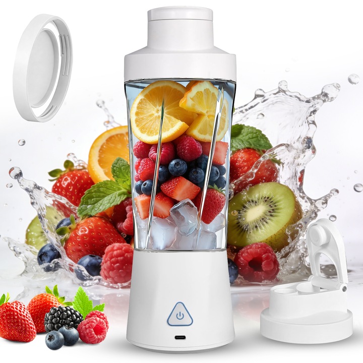 Blender Portabil, Ultrixe, Putere 22000 RPM, 6 lame pentru taiere puternica, potrivit pentru suc, milkshake, smoothie, material alimentar, potrivit pentru sport, calatorii, drumetii, Alb