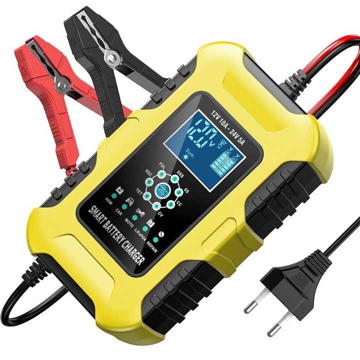 Redresor inteligent baterii auto 12V 10A / 24V 5A FOXSUR FBC122410D, incarcator automat cu afisaj LCD, 7 etape, mod REPAIR, compensare temperatura, protectii multiple, compatibil AGM GEL EFB LiFePO4, auto moto barci Galben/Negru