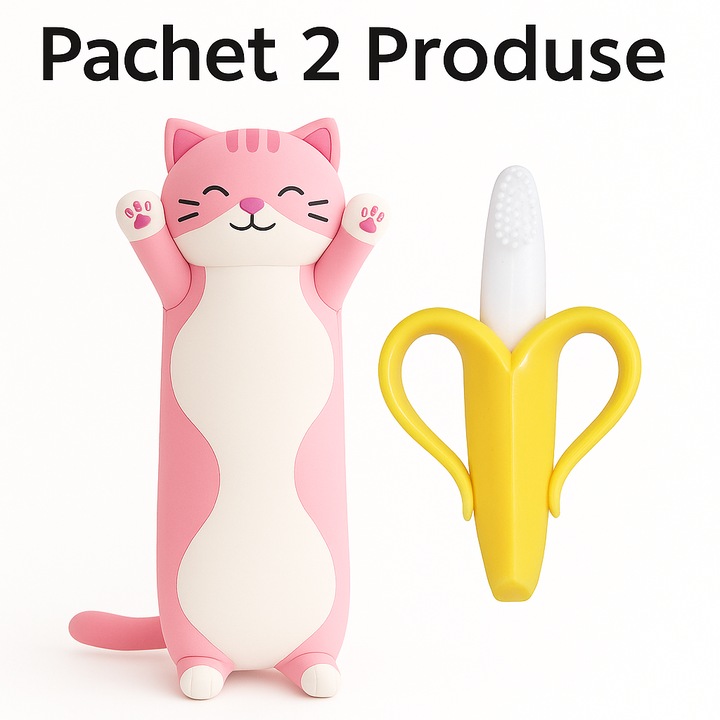Pachet Bebe Fericit: Pisica de Plus + Jucarie Dentitie Banana