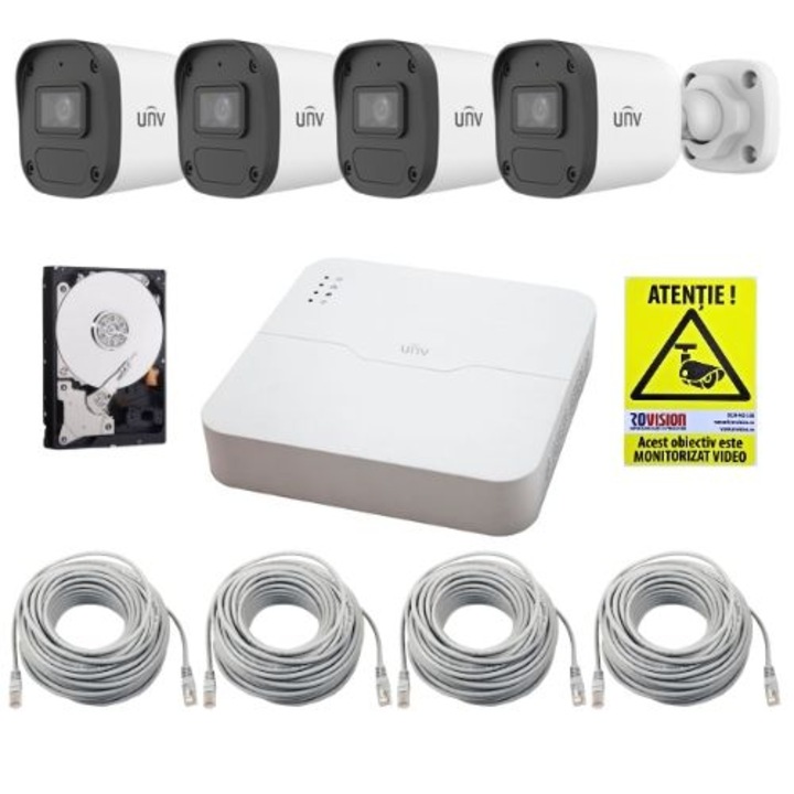 UNV IP megfigyelőrendszer, 4 kültéri kamera, 4MP, IR 30m, Mikrofon, PoE, Mobil nézet, NVR 4 csatornás, HDD 1TB, Tartozékok