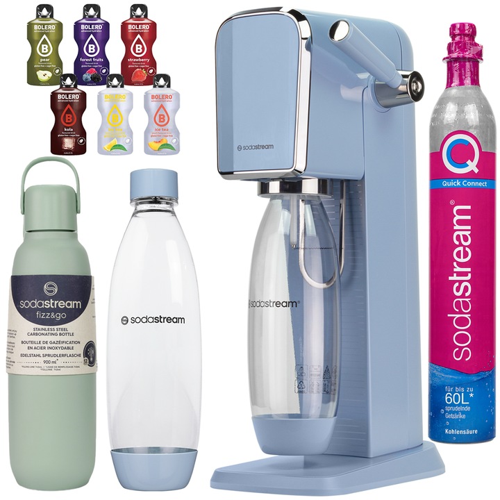 Sodastream Szódagép, Art Blue + Fizz&Go 900 ml Termoszpalack, Menta + 6 Ital