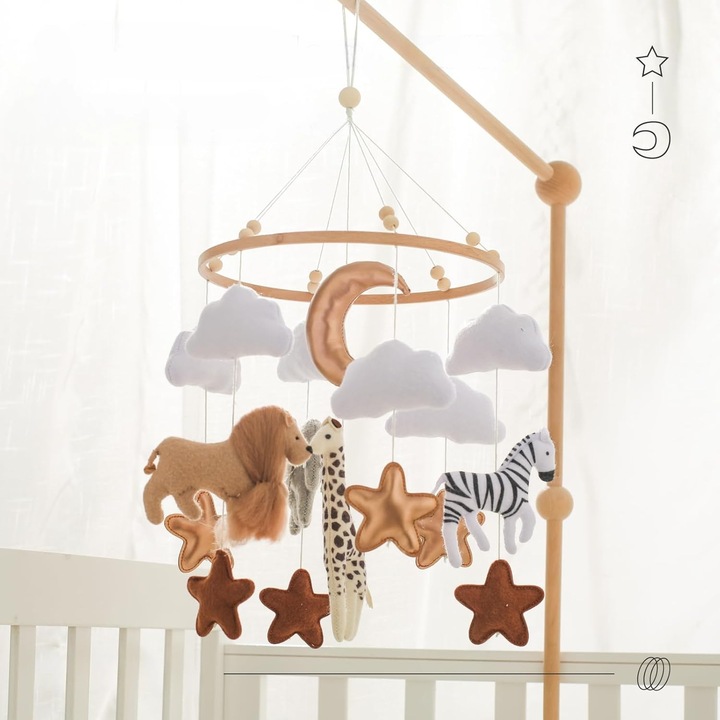 Carusel mobil pentru patut bebelus, tematica Safari, textil/lemn, multicolor, cu nori, luna si stele, fara suport, cadou nou-nascut si botez