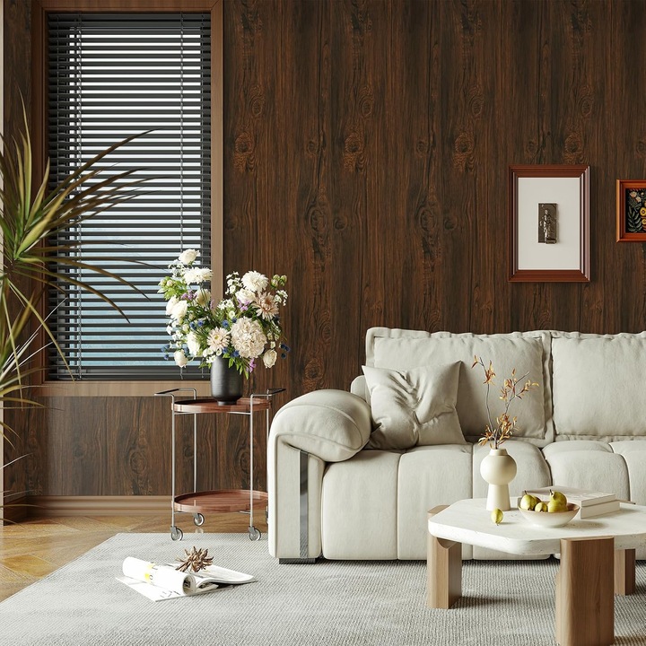Tapet autoadeziv din PVC, aspect lemn mobila wenge, rezistent la apa, adeziv puternic, usor de montat, pentru blaturi bucatarie, baie, pereti, 40 x 300 cm, maro wenge