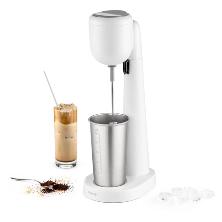 Миксер за фрапе Muhler FMX277S, 100W, Метална чаша500 мл, 2 степени за работа, Бъркалка от неръждаема стомана, Бял