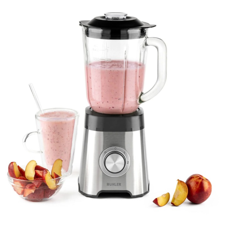 Блендер Muhler MB555SG, Стъклена кана, 500W, 1.5 л, 2 степени за работа, Puls функция, 4 ножа за блендиране от неръждаема стомана, Сив