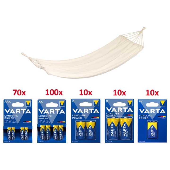 Set baterii Varta, 200 buc, alcalin, include hamac cadou