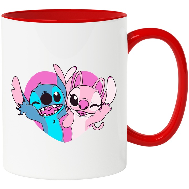 Cana Cu Stitch – Fluturi Veseli Pixel Curajosi Vesela – Aventura, Copii si Distractie, Ceramica, 330ML, Cu Maner si Interior Rosu