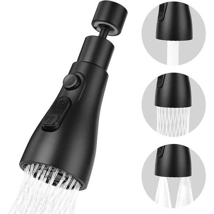 Extensie Robinet, Universal, 3 Moduri de Curgere, Cap de robinet rotativ 360°, Otel Inoxidabil, Rotire 360 de Grade, Cap Pivotant, Adaptor Bucatarie, 14*5CM, Negru