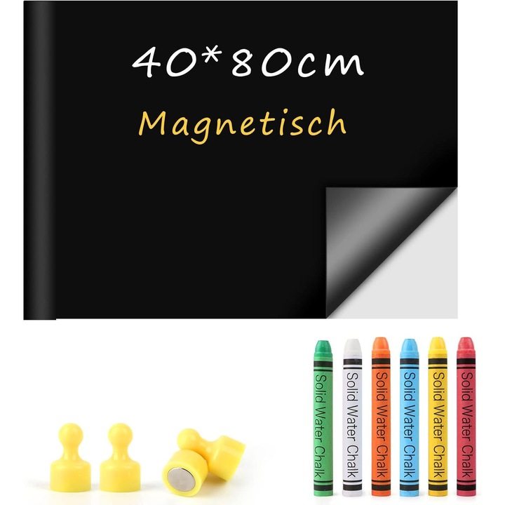 Самозалепващо магнитно фолио за бяла дъска, самозалепваща се дъска за стена, 40 x 80 см, включва магнитно фолио, 6 тебешира без прах и 4 магнита, 6 тебешира, 1 кърпа, гъвкава и многократно използваема, подходяща за множество сценарии, 40 x 80 см, черна
