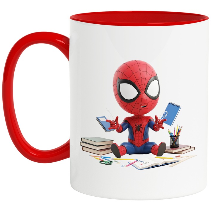 Cana Cu Spiderman Luptator Curajos, Aventuri si Prietenie Plina de Speranta, Ceramica, 330ML, Cu Maner si Interior Rosu