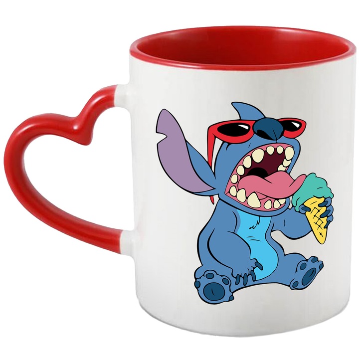 Cana Cu Stitch – Inima Aventurii Curajoasa Pixel Vesel – Aventura, Copii si Distractie, Ceramica, 330ML, Cu Maner Inima Rosie si Interior Rosu
