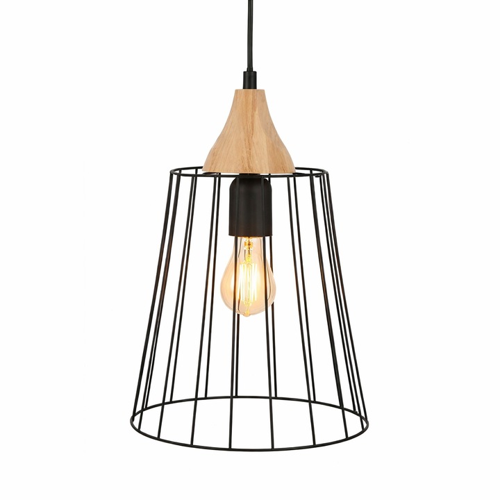 Suspensie metalica Atmosphera Créateur d’Intérieur, stil industrial & scandinav, E27, abajur din sarma cu element din lemn, Ø17 cm, H 31 cm, negru