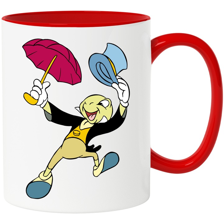 Cana Cu Pinocchio Jiminy Cricket Sclipiri de Intelepciune, Joaca si Aventura Neinfricata, Prietenie si Curaj, Ceramica, 330ML, Cu Maner si Interior Rosu
