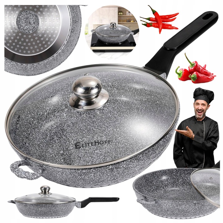 Márványozott serpenyő 28cm üvegfedővel, Elitehoff, tapadásmentes, szürke, univerzális