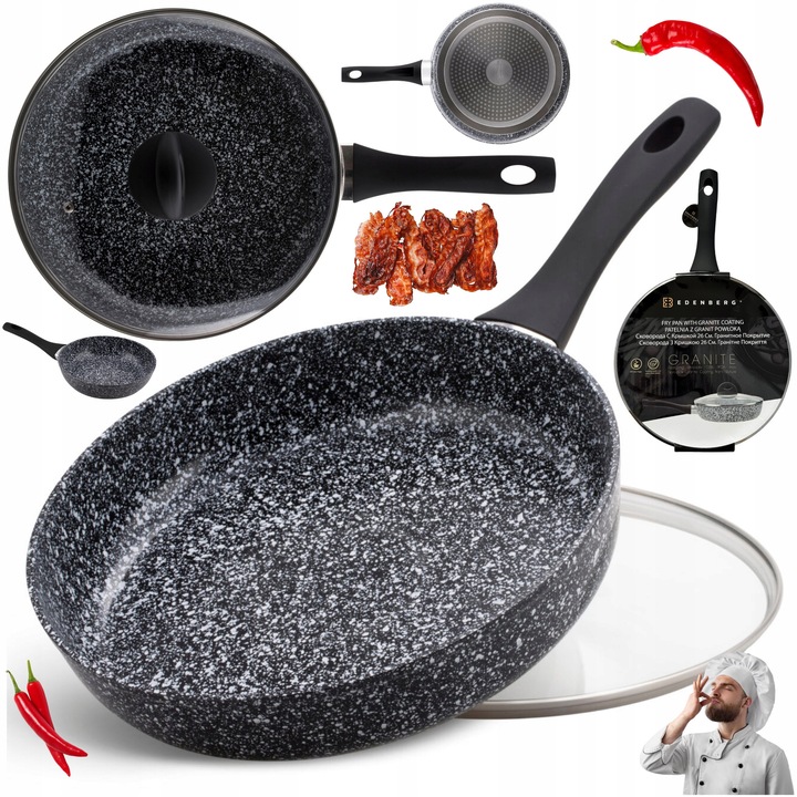 Tigaie inalta EDENBERG granitata antiaderenta, 26cm, capac, inductie