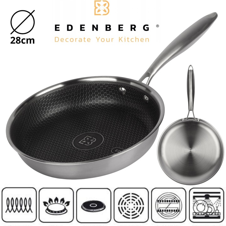 Edenberg 28cm tapadásmentes serpenyő rozsdamentes acél méhsejt réteggel